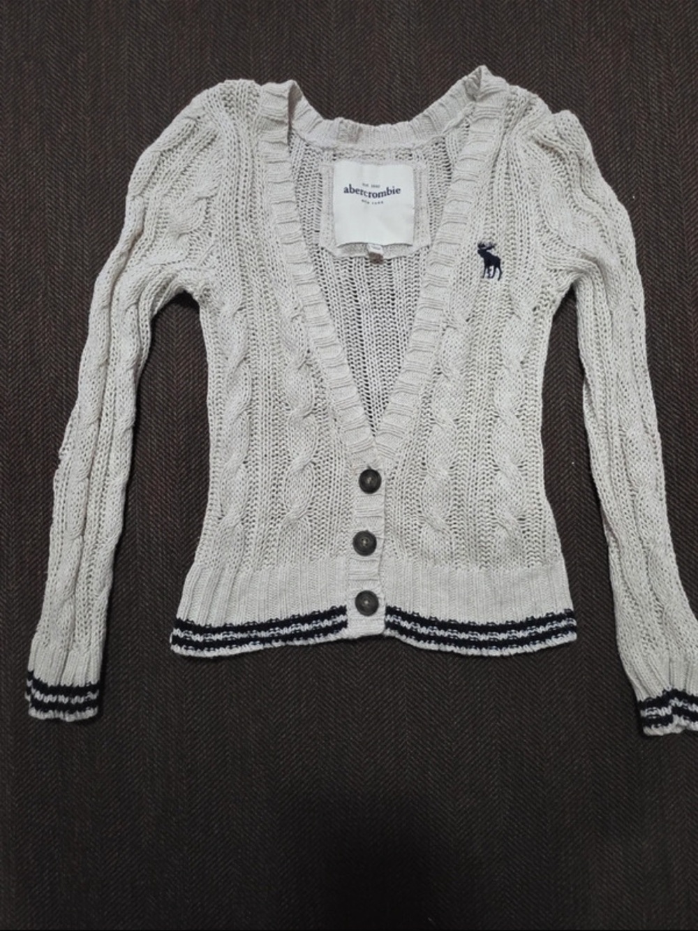 Abercrombie Cable Knit Deep V-Neck Cardigan Beige Linen Cotton Preppy Y2K Size S
